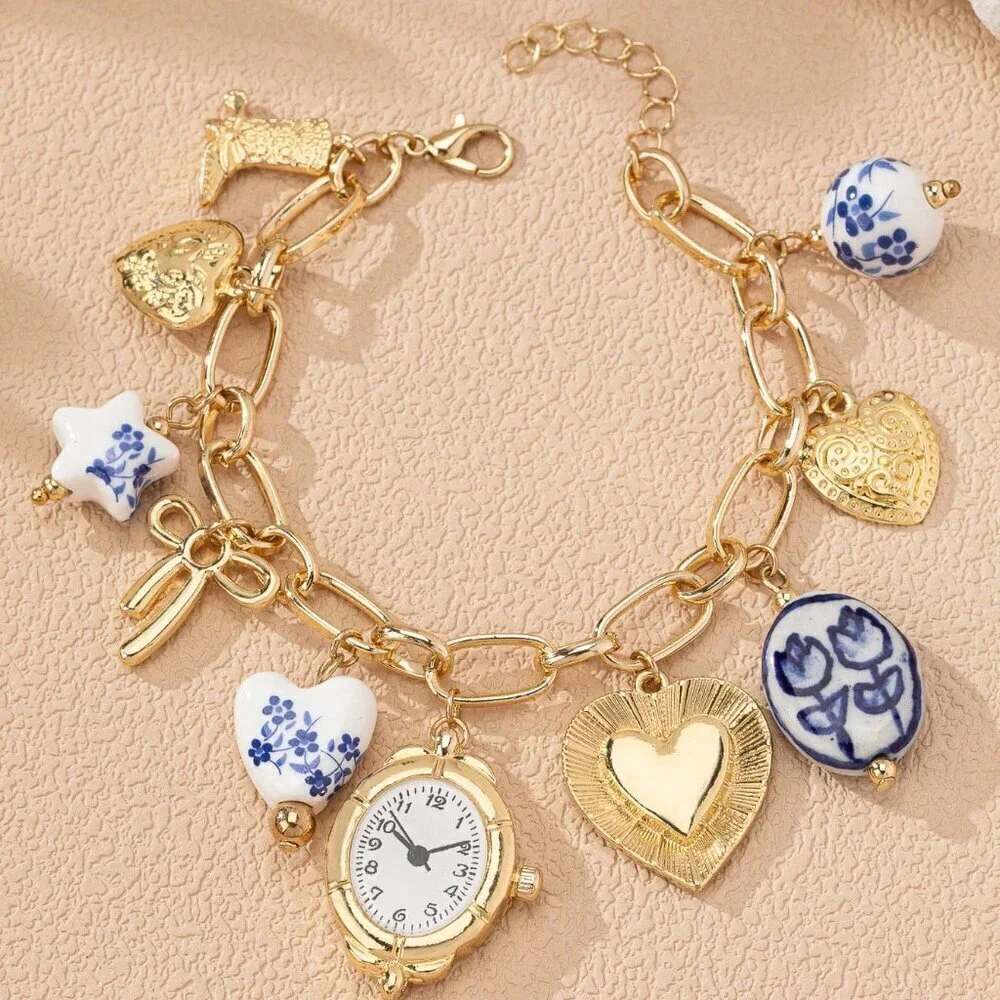 Multicolor Boho Women's Charm Bracelet With Faux Clock Heart Locket Bow